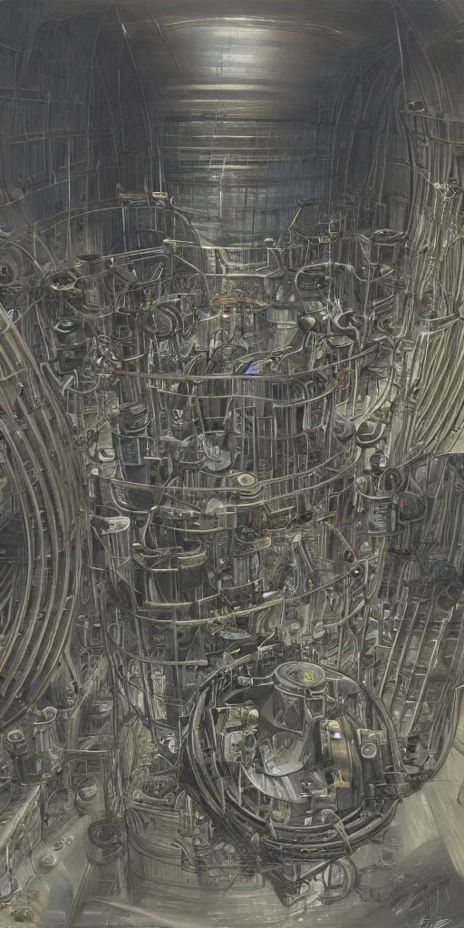 Image similar to Artwork by John Howe of the cinematic view of Helical Propellant Chamber Compression Warehouse.