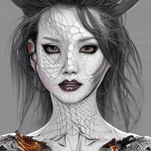 Prompt: the portrait of an absurdly beautiful, graceful, elegant, sophisticated, fashionable cyberpunk gravure idol, an ultrafine hyperdetailed illustration by kim jung gi, irakli nadar, takato yamamoto, intricate linework, bright colors, porcelain skin, unreal engine 5 highly rendered, cgsociety, fractal background, global illumination, radiant light, detailed and intricate environment