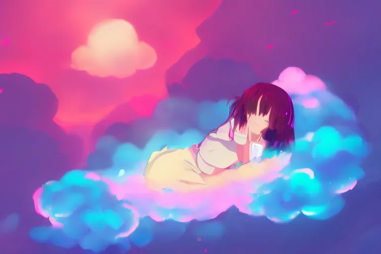 Prompt: a cute anime girl sleeping on a cloud, misty, glows, digital art, hazy, foggy, ambient lighting, 8 k, neon, synthwave,