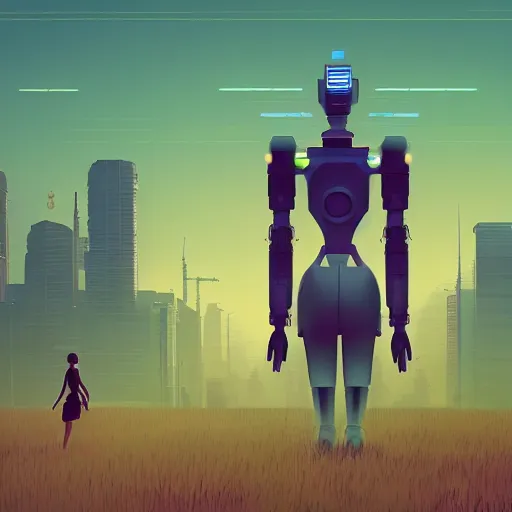 Image similar to a graph - style woman walking across a lush green field, a huge robot head in front of her, cyberpunk art by by james gilleard, cgsociety, retrofuturism, synthwave, retrowave, outrun