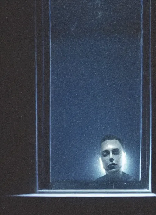 Image similar to dark photo of dark blue rainy bedroom window at night, dimly lit creepy face of elon musk staring in through the window, horror, scary face,