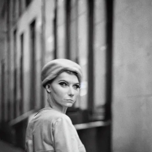 Image similar to medium format film candid portrait of a woman in new york by portrait photographer, 1 9 6 0 s, depth of field woman portrait featured on unsplash, photographed on colour expired film