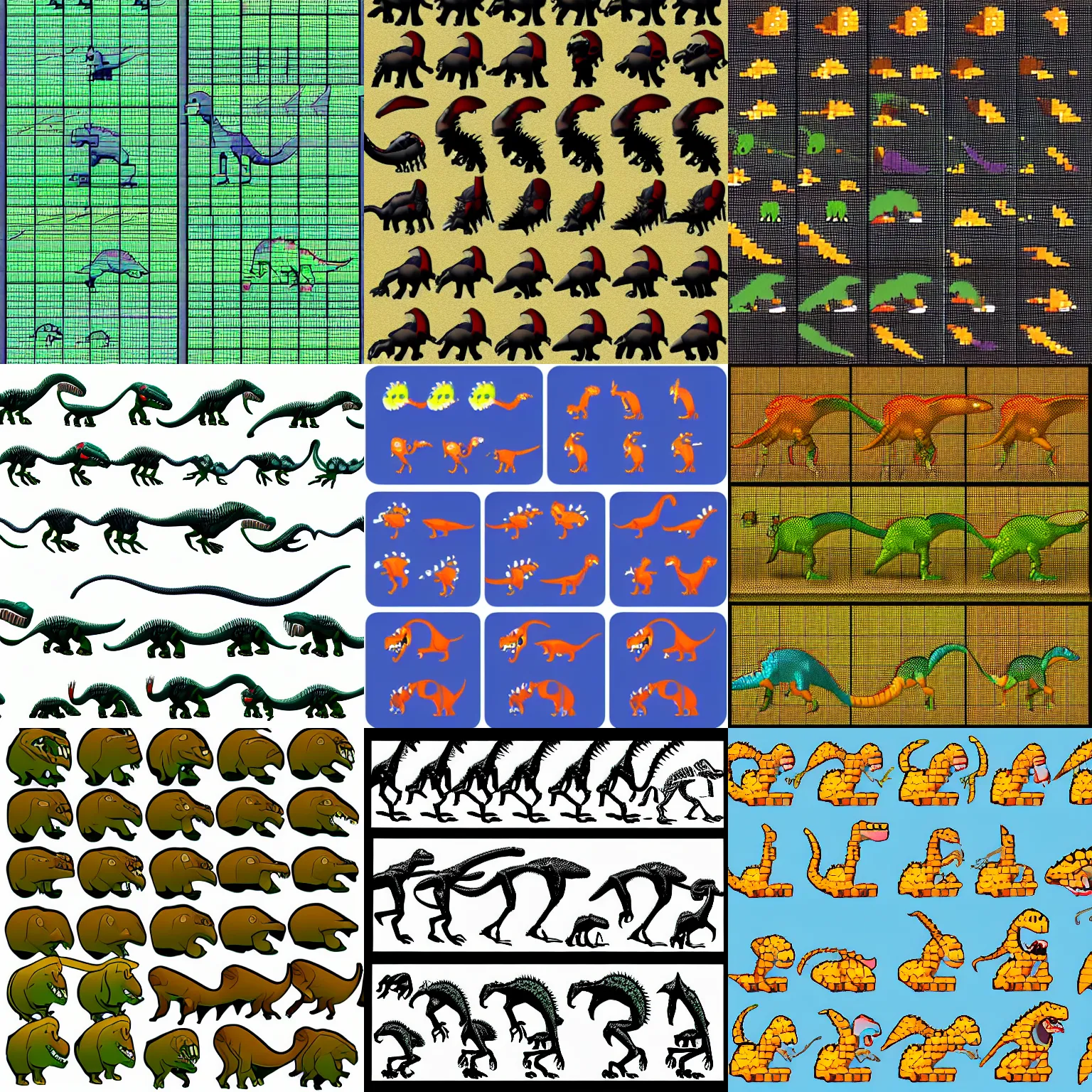 Prompt: a dinosaur running sprite sheet animation 1 6 x 1 6 frames