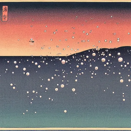 Prompt: explosive bubbles by shin - hanga, by hasui kawase, dawn and dusk