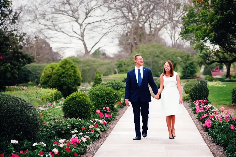 Image similar to beautiful 3 5 year old female president alone in the white house rose garden with her two boyfriends, holding hands, professional photo, dslr, bokeh, romantic