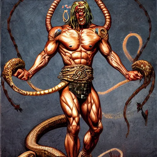 Image similar to serpent - man warlord wearing bronze age clothing, bodybuilder snake, anatomical, horrific background symmetrical, zoom out, high quality, high definition, 8 k, photograph photorealistic by frank frazetta