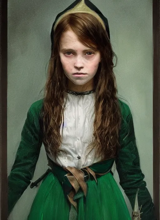 Prompt: a portrait of a thirteen year old girl with brown hair and a stern expression. she is wearing a green dress and a black pointed witch hat. beautiful painting with highly detailed face by greg rutkowski and magali villanueve