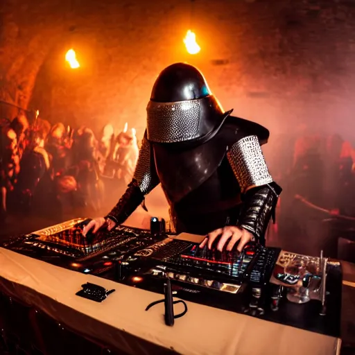 Image similar to photograph of a dubstep dj in holy cross knight armor djing during a medieval party, 8 k resolution, high detail