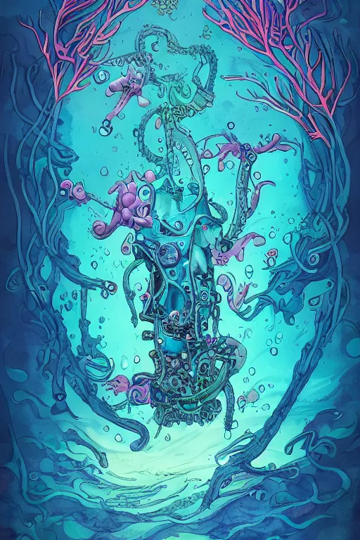 Prompt: a picture of mysterious colourful underwater creature, being discovered by a man in a steampunk diving suit. water is deep aquamarine coloured. poster art by james jean, concept art, behance contest winner, very detailed, award - winning. lovecraftian, cosmic horror, bioluminescence, submechanophobia