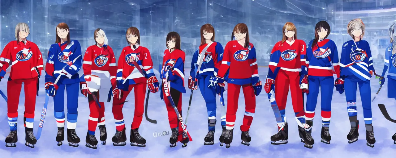 Prompt: females akira anime ice hockey players, wearing a light futuristic suit, habs and nordiques jerseys, blue white and red color blocking, character concept exploration, outfit designs, trending on artstation, photorealistic, 8k, background of vast ice rink tv crews and crazy crowd