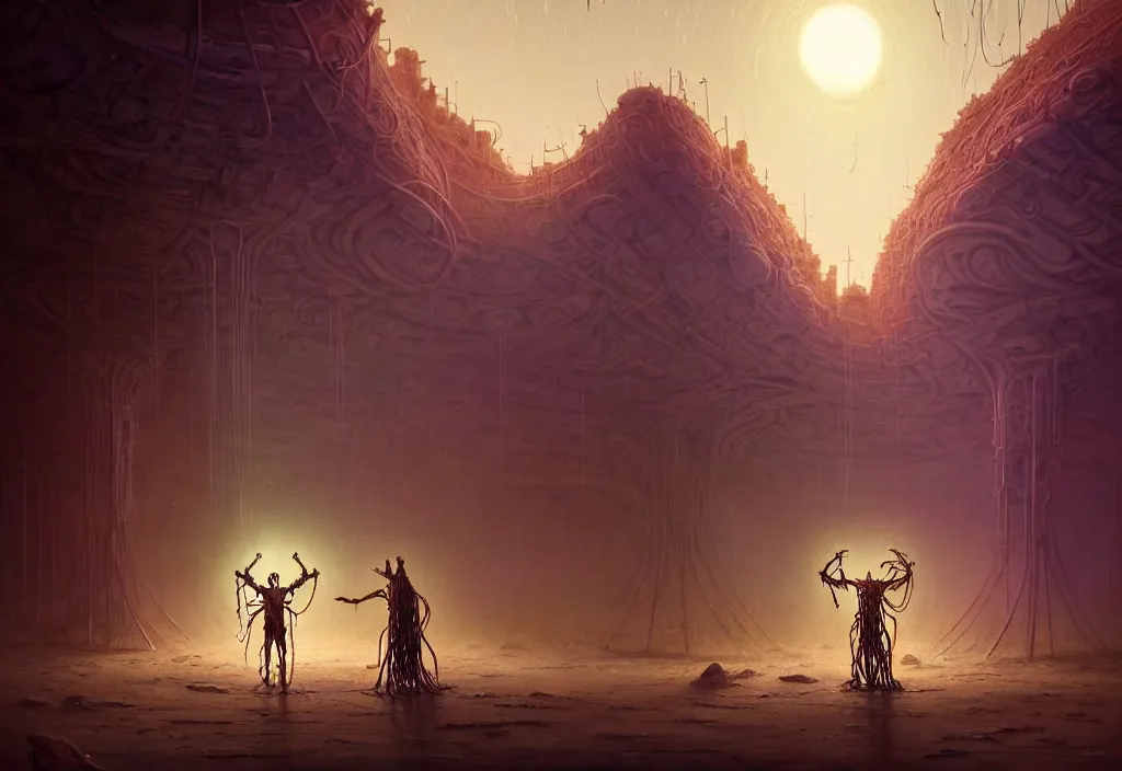 Image similar to A techno-magical shaman in shamanistic robes performs a ritual to resurrect a biomechanical horse in a huge steel ancient ruins covered of dunes of sand. Art by Finnian MacManus, Simon Stalenhag. Masterpiece, fantasy art, future, cinematic, hyperdetailed, sigils, photorealistic, cyberpunk, postapocalyptic, steampunk, hyperrealism, octane rendering, 8k, depth of field, bokeh, beautiful lighting.