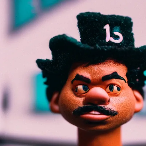 Image similar to a cinematic film still of a claymation stop motion film starring chance the rapper as a college student, shallow depth of field, 8 0 mm, f 1. 8