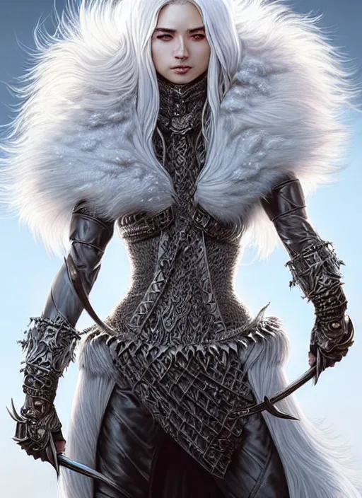 Image similar to fur coated armor!!! long wild white hair!! covered chest!!! fantasy, d & d, intricate ornate details, symmetry, concept art, sharp focus, illustration, art by artgerm! greg rutkowski magali villeneuve wlop! ilya kuvshinov!!, octane render, unreal engine 5, highly rendered!!