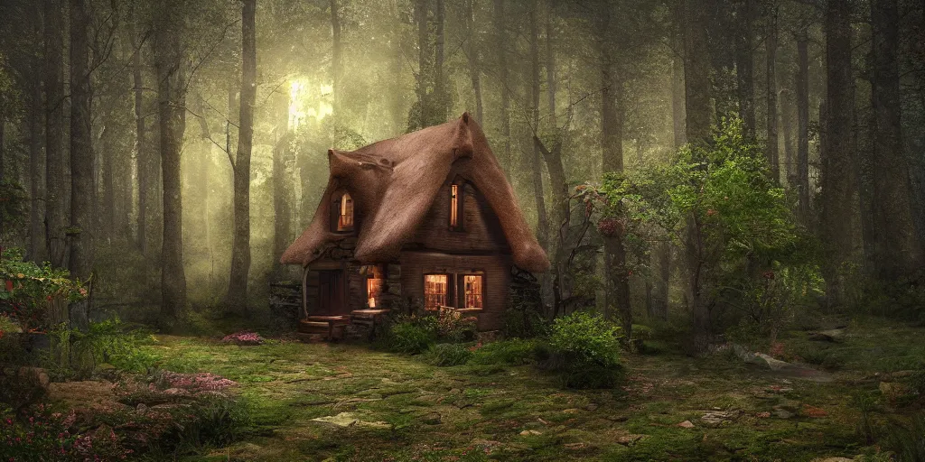 Prompt: one cottage in the woods , fantasy, hyper realistic, dramatic lighting, 8k