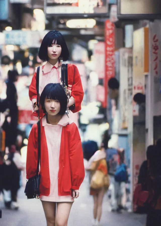 Image similar to a street fashion photograph of a young japanese woman in 9 0 s fashion, in tokyo akihabara, shot on cinestill 5 0 d with a canon 3 5 mm at f / 5. 6 lens, print magazine, photorealistic, nineties nostalgia, 4 k