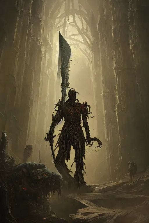 Prompt: portrait of a monster wielding a sword, visible aura of madness distorting the surroundings, occult details, greg rutkowski style, high quality, 8 k,