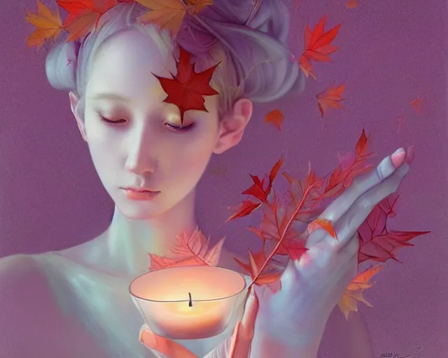 Image similar to highly detailed pastel colors painting of an symmetric ethereal witch with a candle, morphing into autumn leaves, by artgerm and hsiao - ron cheng, smooth composition, fine patterns and detail