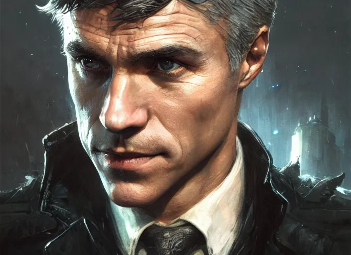 Image similar to highly detailed portrait of christoph waltz as bruce wayne, in batman : arkham knight, stephen bliss, unreal engine, fantasy art by greg rutkowski, loish, rhads, ferdinand knab, makoto shinkai and lois van baarle, ilya kuvshinov, rossdraws, tom bagshaw, global illumination, radiant light, detailed and intricate environment