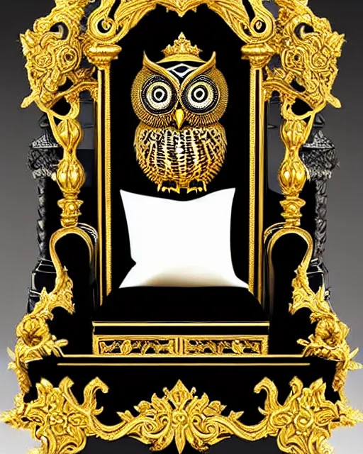 Image similar to royal ornate black ebony throne of realistic detailed owl sanctuary stronghold fortress with golden filigree carved out of ivory