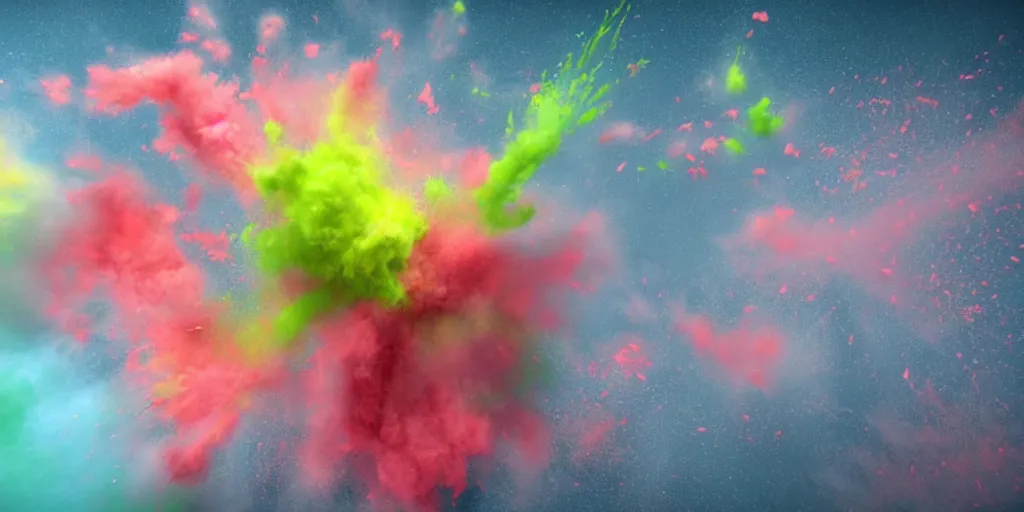 Prompt: colorful powder explosion in the air, houdini redshift rendered, high in detail.