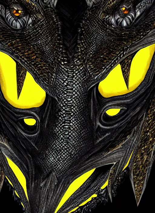 Image similar to closeup portrait of black dragon head with yellow eyes, ultra realistic, fantasy, magic, dnd,