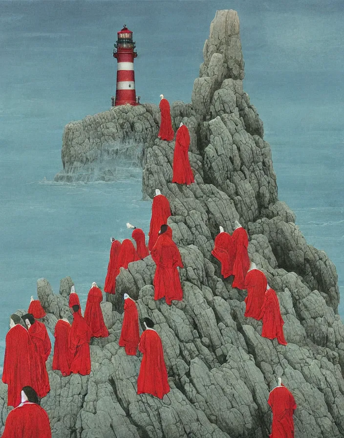 Image similar to worshippers in red robes belonging to the cult of the lighthouse clambering out of the water onto the rocky shore at the base of the light house, base of the light house, high detailed beksinski painting, part by adrian ghenie and gerhard richter. art by takato yamamoto. masterpiece, deep colours, blue