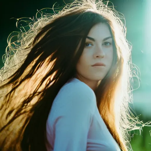 Image similar to a hyper realistic portrait photography of a woman with long hair. agfa vista 4 0 0 film. detailed. depth of field. cinematic. lens flare. grainy film. warm light.