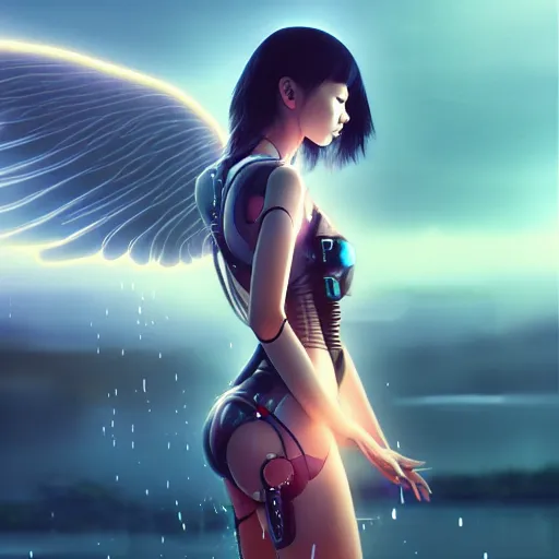 Image similar to beautiful young asian woman as a beautiful cyborg - angel girl standing on a lake, rainfall, biomechanical details, digital cyberpunk anime art, full body shot, reflections, lens flare, wlop, ilya kuvshinov, artgerm, krenz cushart, greg rutkowski