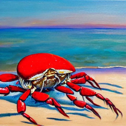 Prompt: red crab holding a sardine on a beach, oil on canvas, extremely detailed,