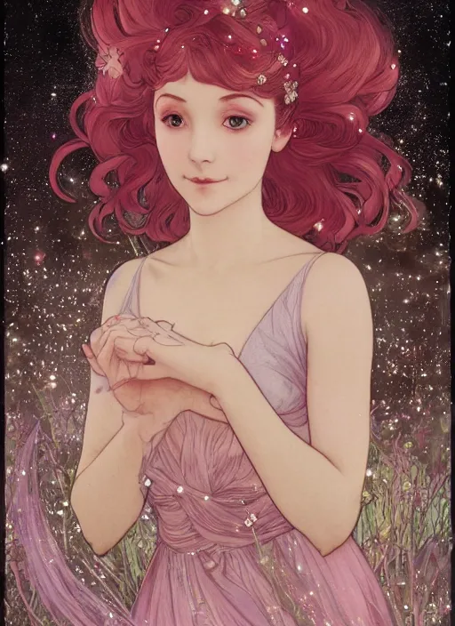 Image similar to portrait of a red - headed early thirties fairy, pixie, fae, imp, sprite in double bun hairstyle and sparkly, gleam baby pink coral outfit, elegant, intricate, highly detailed, smooth, sharp focus, ethereal, misty, fireflies in the backdrop. octane render, pastel color scheme, by hayao miyazaki and alphonse mucha.