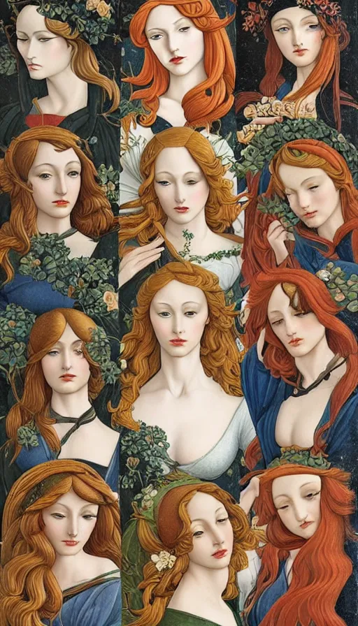 Image similar to the 12 months of the year as 12 figures, (3 are Winter, 3 are Spring, 3 are Summer and 3 are Autumn), in a mixed style of Botticelli and Æon Flux!!, inspired by pre-raphaelite paintings and shoujo manga, stunningly detailed, stunning inking lines, flat colors, 4K photorealistic