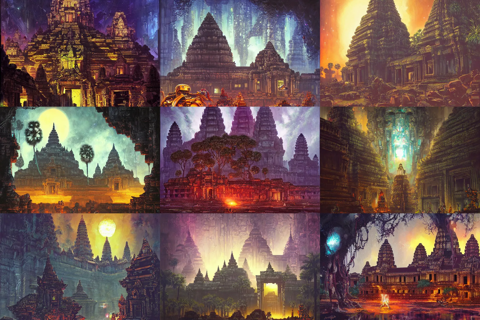 Prompt: cyberpunk angkor wat with giant mechanical and angry asian gods, portals, sparkling, night time lights, small robots, ancient trees by paul lehr, jesper ejsing