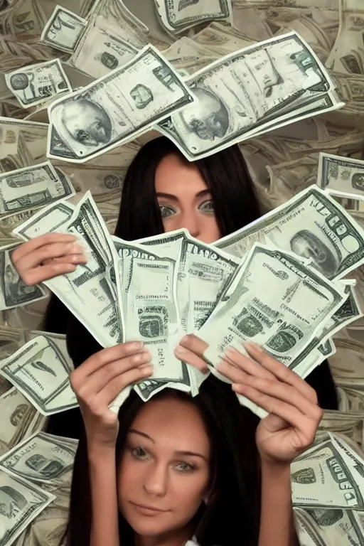 Prompt: ultra realistic photo of pov picture holding stacks of 1 0 0 dollar bills with bundles of money throughout the room