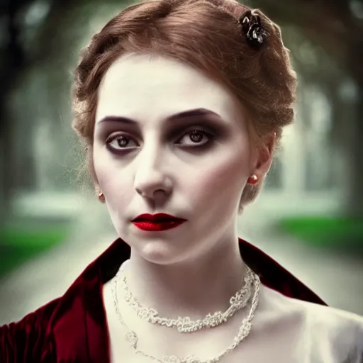 Prompt: A beautiful portrait of a lady, victorian, dracula, ominous, depth of field, bokeh, irwin penn, soft light, cinematic