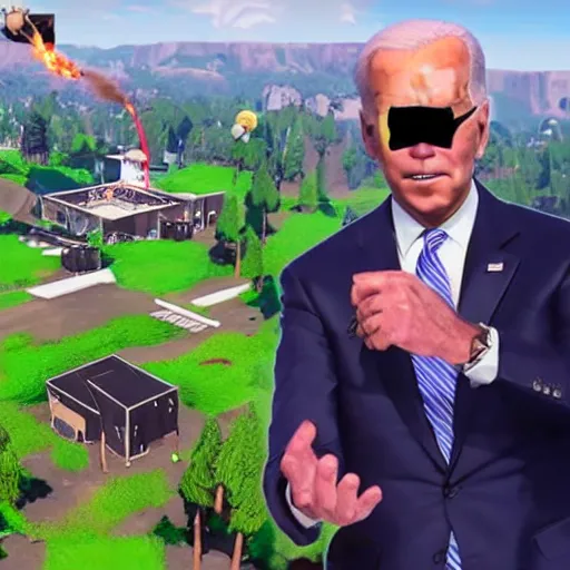 Prompt: Joe Biden loses a fortnite game, gets angry and throws his controller, breaks it