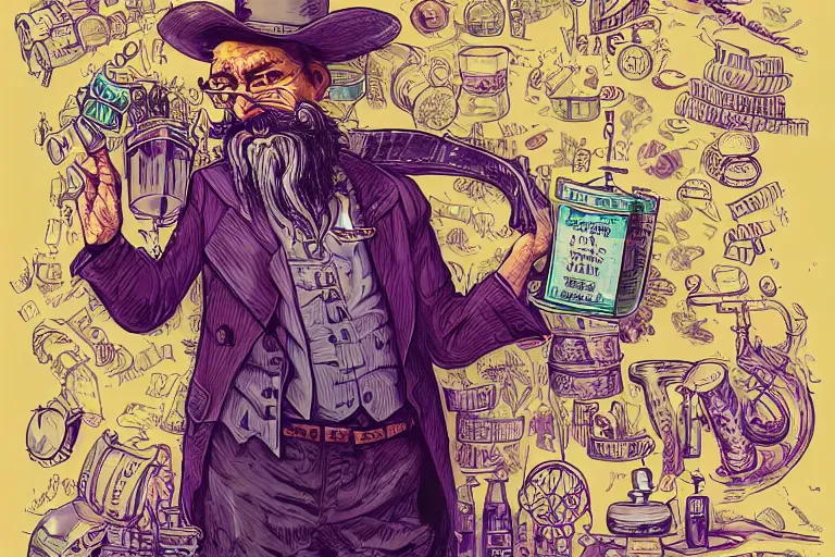 Image similar to Uncle Aloysius, snake oil salesman, wild west crypto pharmaceutical industrialist apothecary alchemist tinkerer engineer, cute, fantasy, intricate, elegant, highly detailed, digital painting, 4k, HDR, concept art, smooth, sharp focus, illustration, purple green color scheme, art by Ed Roth and H R Giger and Greg Rutowski and Lisa Frank