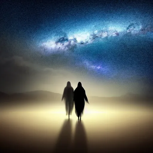 Image similar to dreamy vision of ghosts walking through milky way galaxy, epic, cosmic
