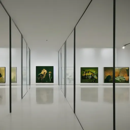 Prompt: a photograph of a minimalistic museum room with white walls, the floor is green grass, there are empty frames on the walls, 4k,