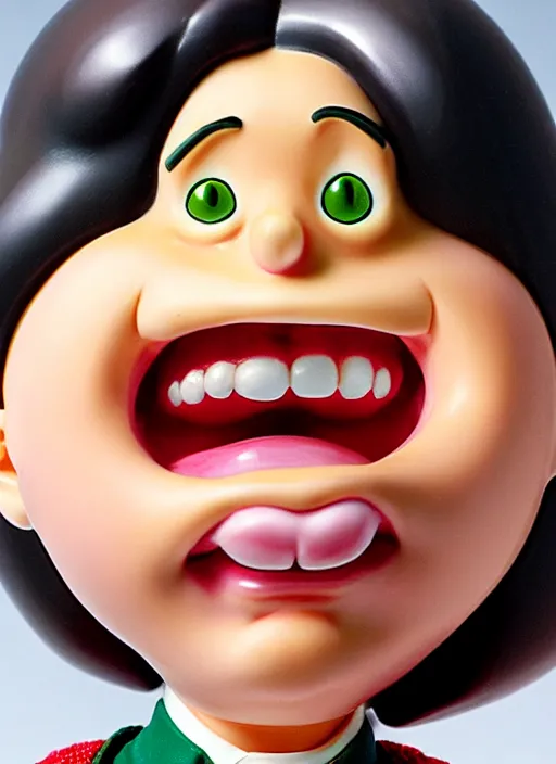 Prompt: a lifelike oil painting of an anime girl figurine caricature with a big dumb grin featured on wallace and gromit by arthur szyk made of madballs