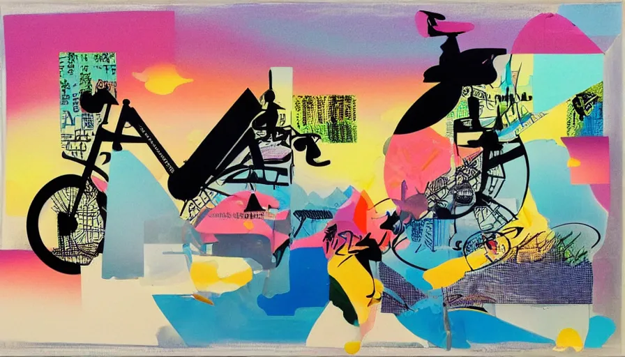 Prompt: Japan travel and adventure, minimalist negative space white acrylic base coat, minimalist perfect geometry coherent motif mixed media collage acrylic airbrush painting by Jules Julien, Leslie David and Lisa Frank, muted colors with minimalism, neon color mixed collage cutout details