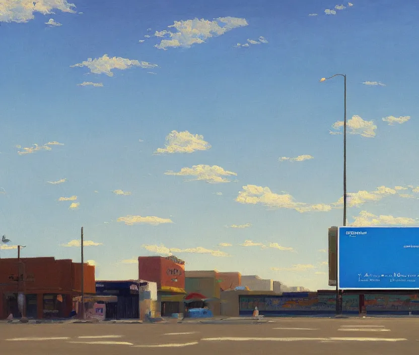 Prompt: a very detailed painting of one ad billboard, baby blue sky with very aesthetic stylized clouds, in the style of edward hopper, very small brushstrokes, 4 k,