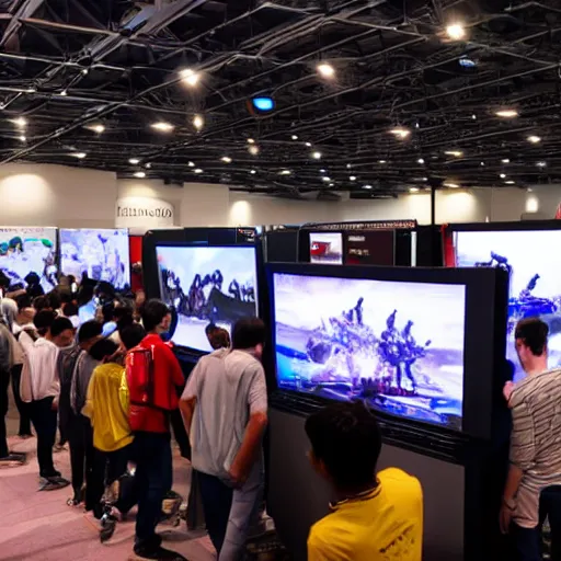 Prompt: gamers playing computers in a exhibition hall filled with many spectators, photorealistic, ultra-detailed, high resolution