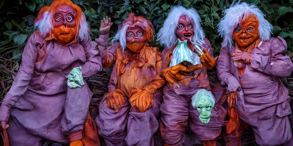 Prompt: photo of oompa loompas, creepy!!!, scaly!!!, gritty!!!, menacing!!!, evil, ultra realistic, gritty, outside of chocolate factory, golden hour, volumetric lighting, sharp focus