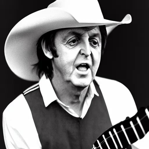 Prompt: Paul McCartney wearing a cowboy hat and playing the banjo, 8k, high definition, highly detailed, photo-realistic