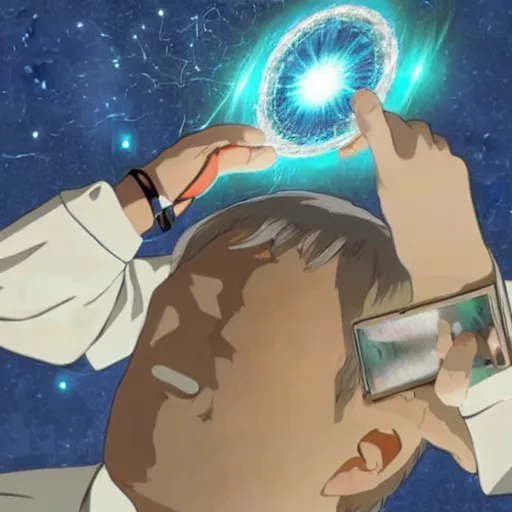 Prompt: A digital art. A rip in spacetime. Did this device in his hand open a portal to another dimension or reality?! Imgur, Google by Hayao Miyazaki rich details