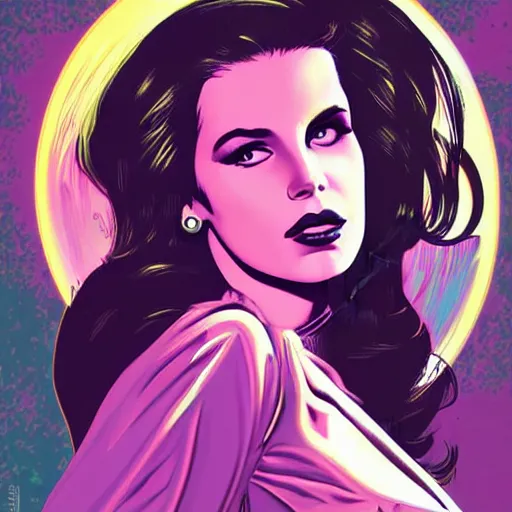 Image similar to lana del rey, detailed cyberpunk vaporwave portrait by tim doyle, by norman rockwell