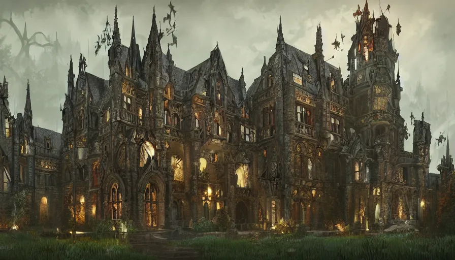 Prompt: wonderful Neo-Gothic castle where a social party takes place, hyperdetailed, artstation, cgsociety, 8k