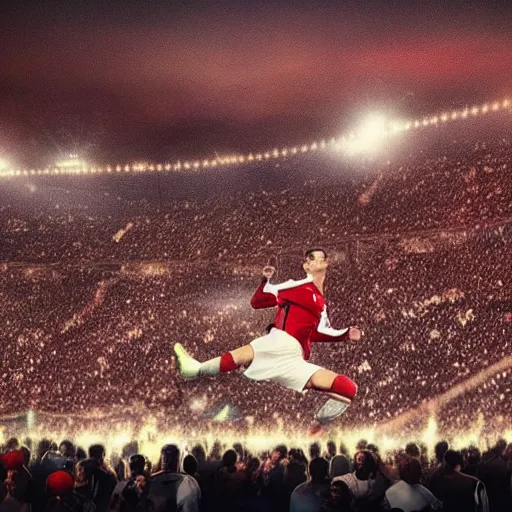 Image similar to cristiano ronaldo kick a fire ball to the sky in a stadium with a lot of person, photorealistic, night