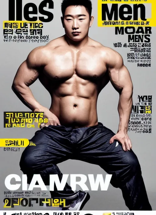 Prompt: cover of mens health korea featuring a pregnant male bodybuilder with a big belly, white background