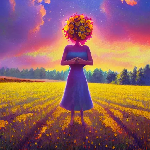 Image similar to girl with giant flower as a face and flower dress, standing in a flower field hills, big trees, sunrise dramatic light, impressionist painting, colorful clouds, digital painting, pointillism, artstation, simon stalenhag